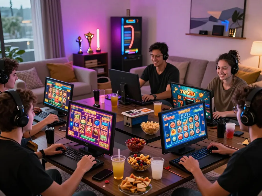 Friends enjoying 789club gaming session with colorful screens and snacks.