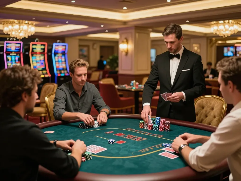 LU88 players engaging in a high-stakes poker game, showcasing excitement and skill amidst a luxurious casino setting.