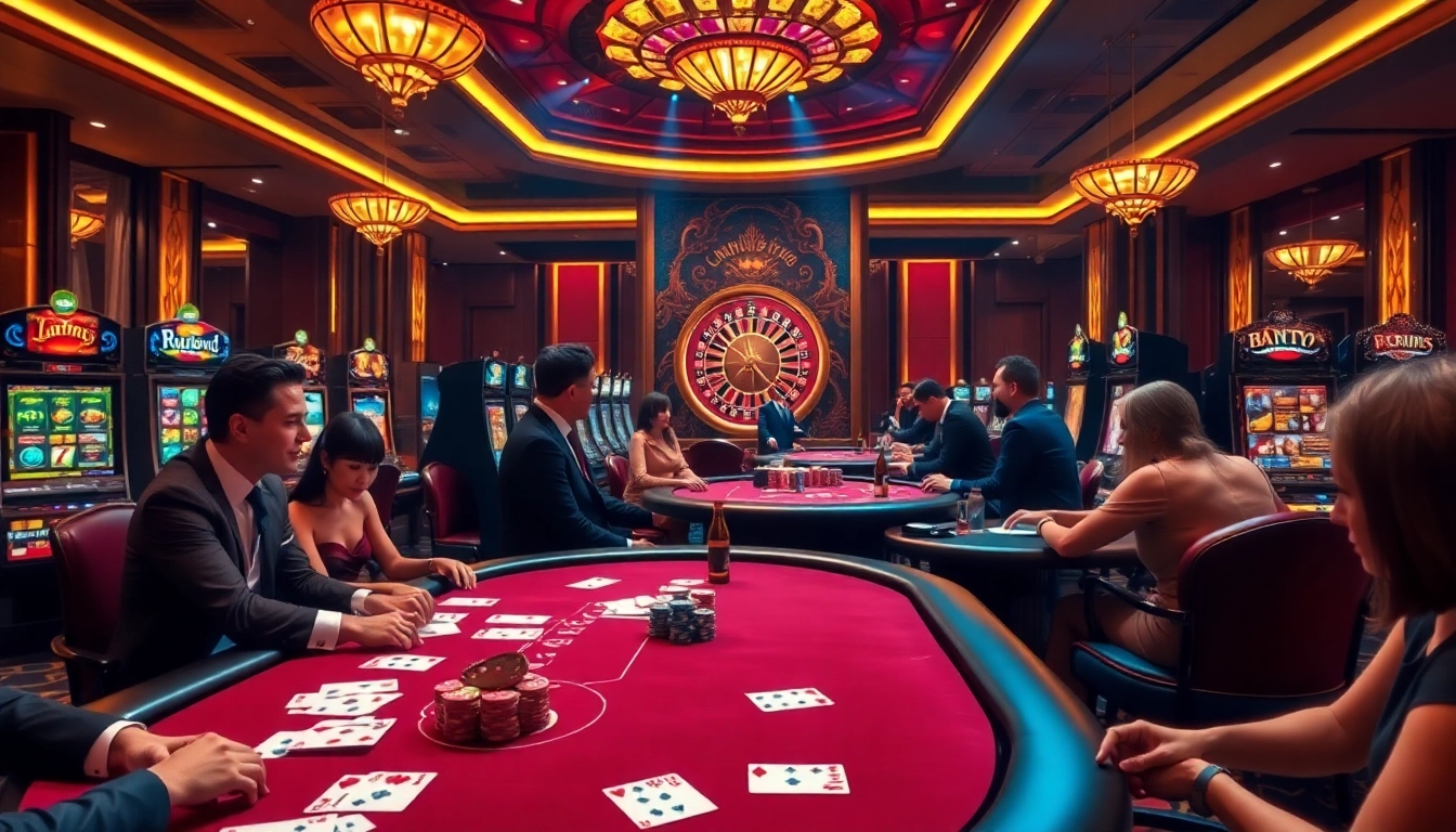 Engaged players at a vibrant casino with elements from https://nhacaiuytin.news/, showcasing poker and slots.