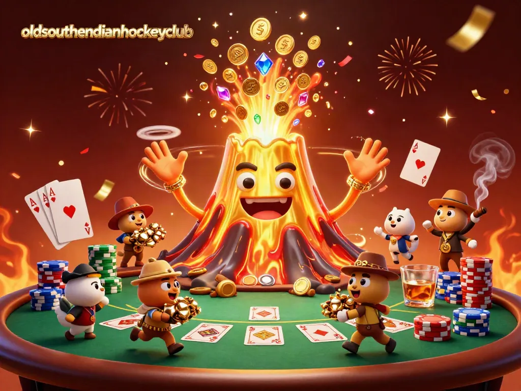 Experience exhilaration at oldsouthendianhockeyclub with a golden volcano erupting treasure at a poker table.