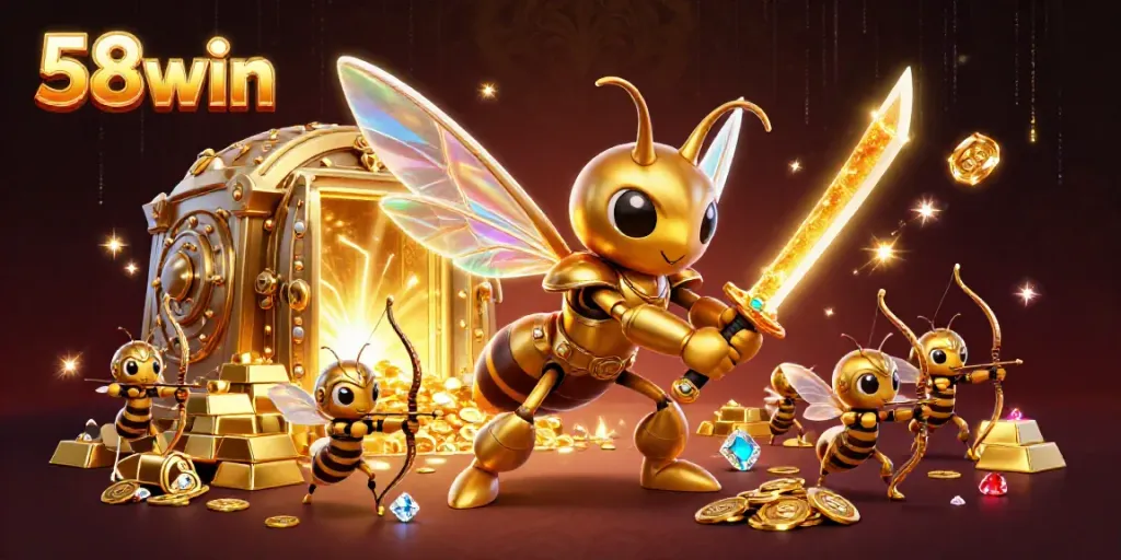 Experience excitement at 58win as a golden hornet battles for treasures in a dazzling casino realm.