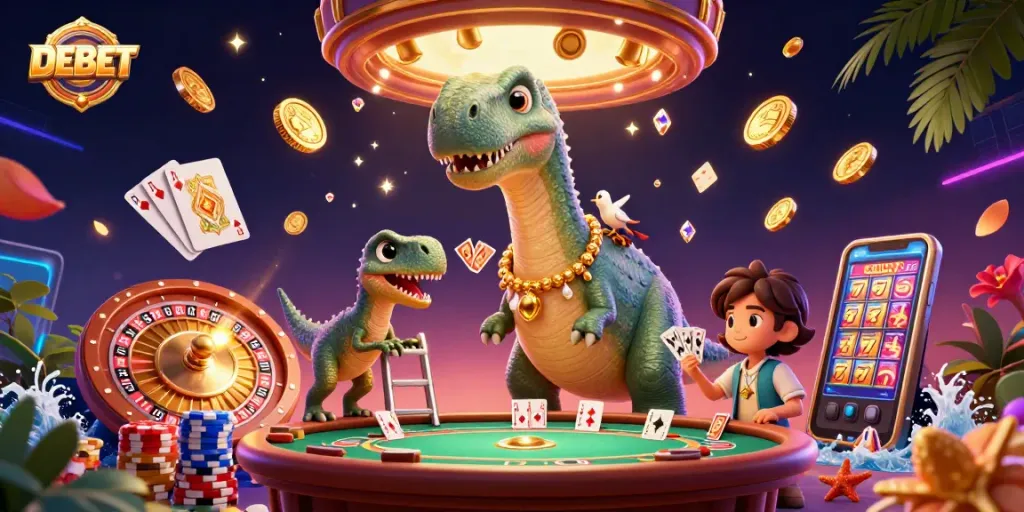 DEBET showcases a cartoon brontosaurus in a lively casino scene with vibrant gaming elements.