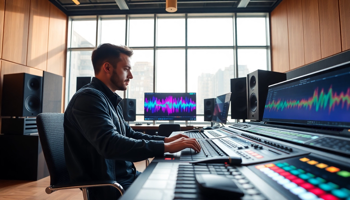 Engage with online mastering services in a vibrant studio setting, highlighting professional equipment.