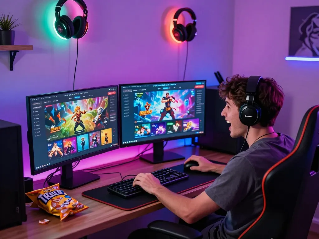 Excited player using https://sunwin333.com/ in a vibrant gaming room with multiple screens.