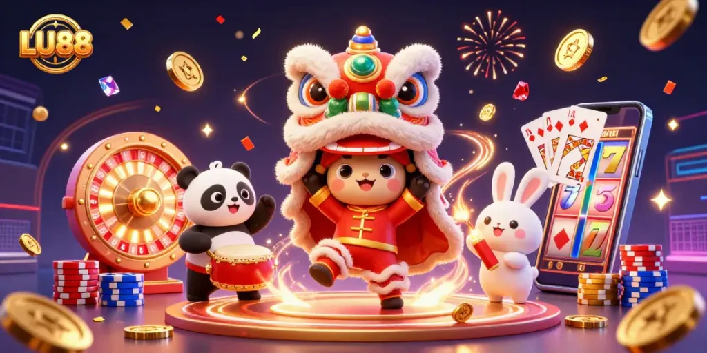 Win with LU88's dynamic casino features, showcasing exciting gambling elements and festive characters.