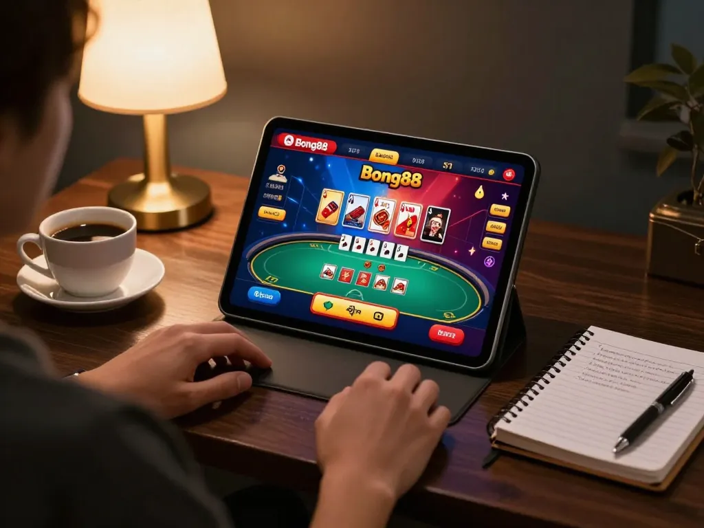 Bong88 user engaging with vibrant poker game interface on tablet in cozy setting