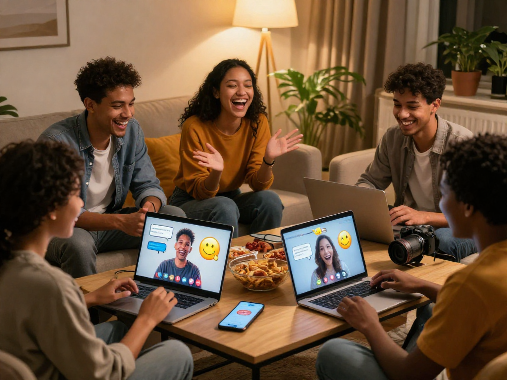 Young adults enjoying spicychat in a vibrant living room during video call.