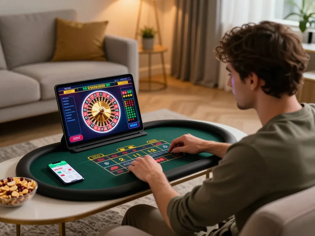 3Win player engaging with online roulette game in a stylish home setting, showcasing strategic gameplay.