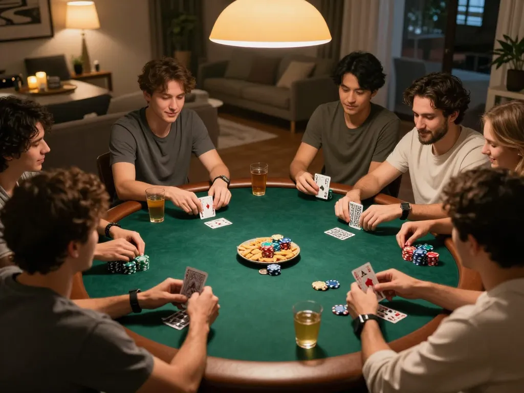 Friends enjoying a poker night with chips and cards in hands, showcasing 789pp gaming fun.