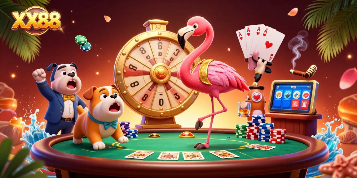 Engage with XX88’s exciting gaming scene, featuring a vibrant game show illustration packed with casino elements.