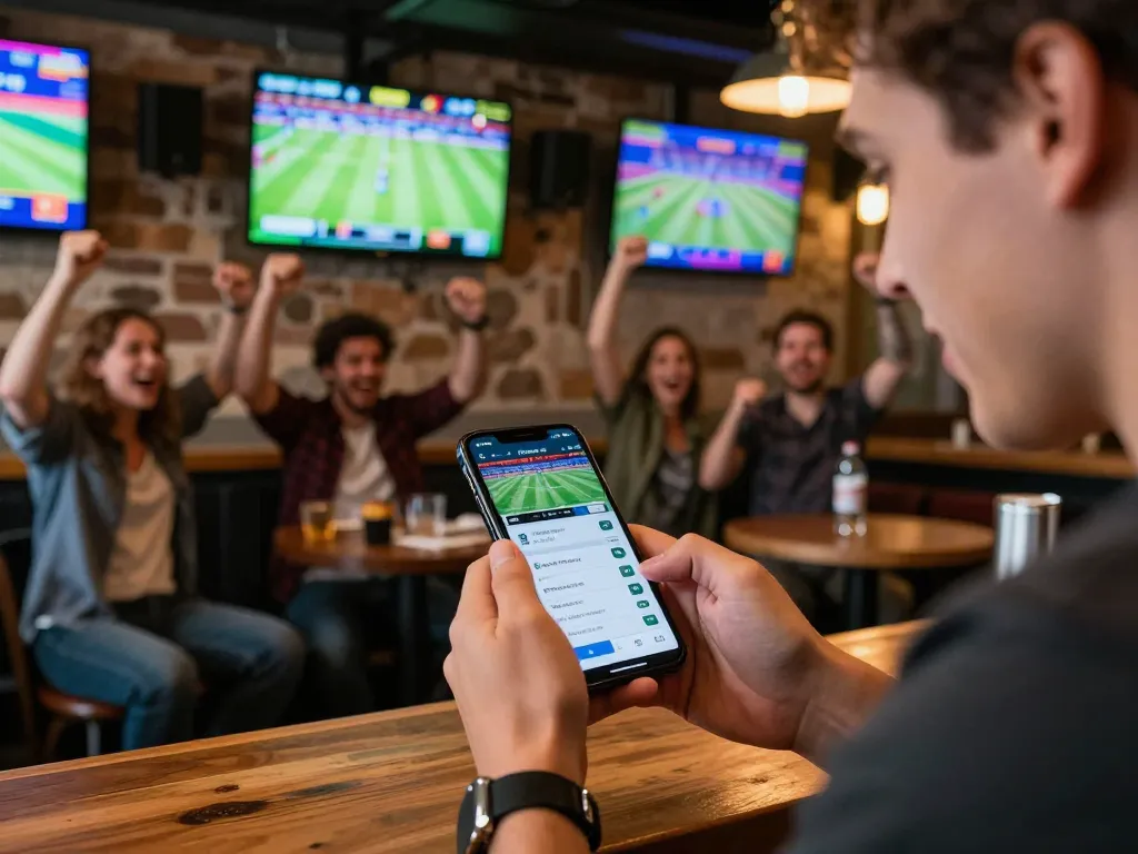 Engaging sports betting experience at https://sky88live.com/ with friends watching games and using a mobile app for betting.