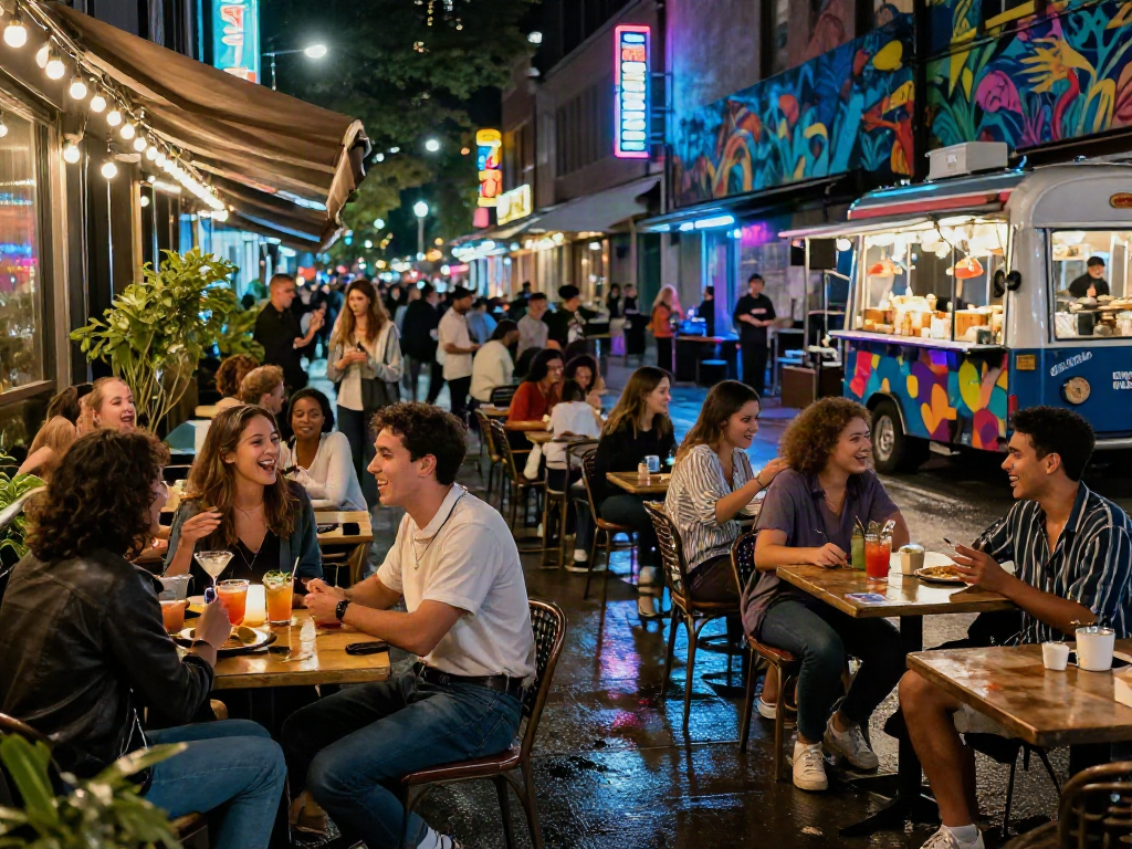 Urban nightlife scene where young adults enjoy city street activities, celebrating a vibrant social atmosphere.