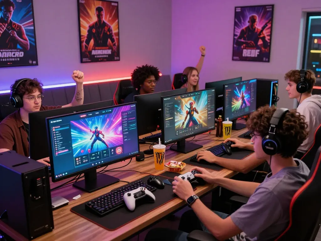 Engaged players enjoying thrilling games on the 79win online gaming platform in a modern gaming lounge.