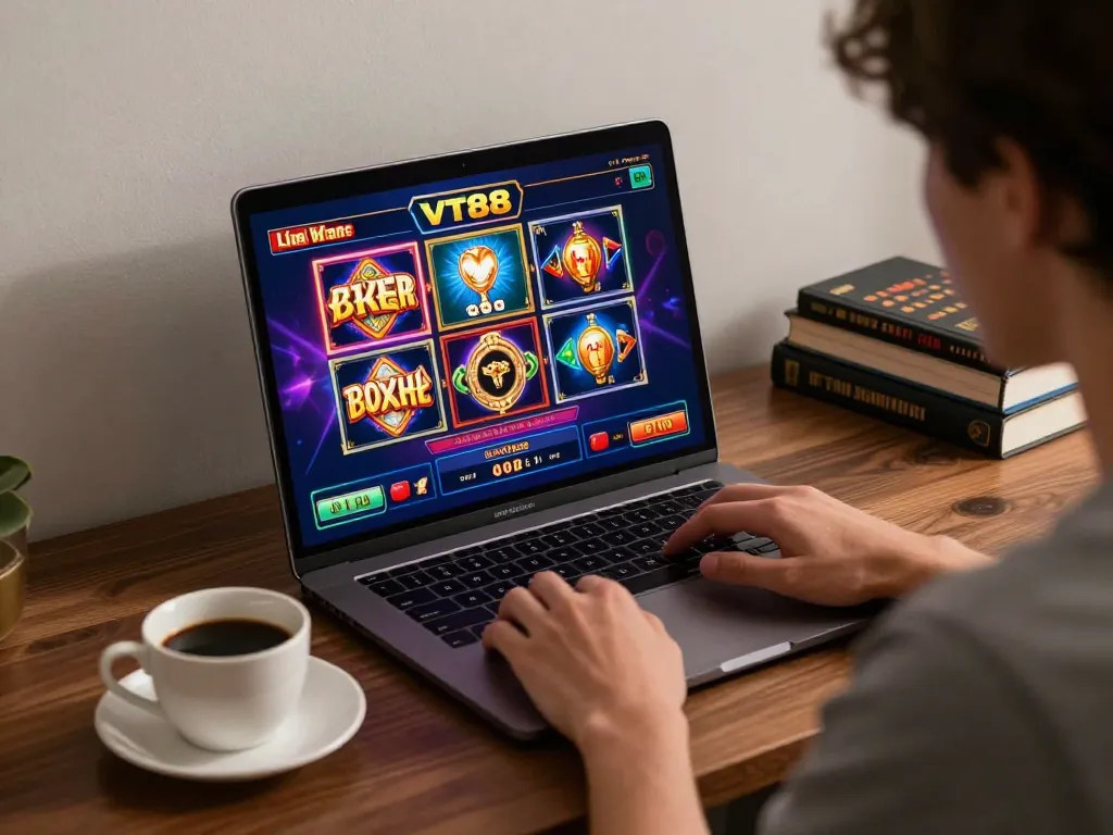 Engaging with VT88 casino games on a laptop beside a coffee, reflecting strategic online gambling.