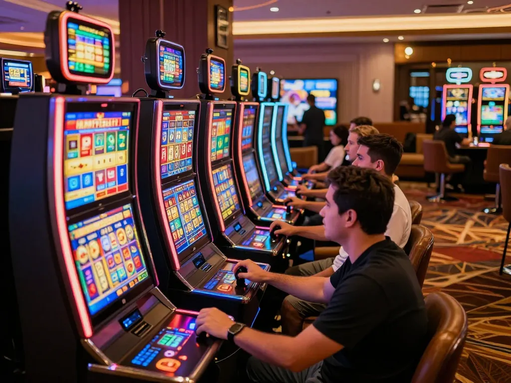 Engaged players celebrating wins while playing exciting slot machines in a vibrant casino environment.