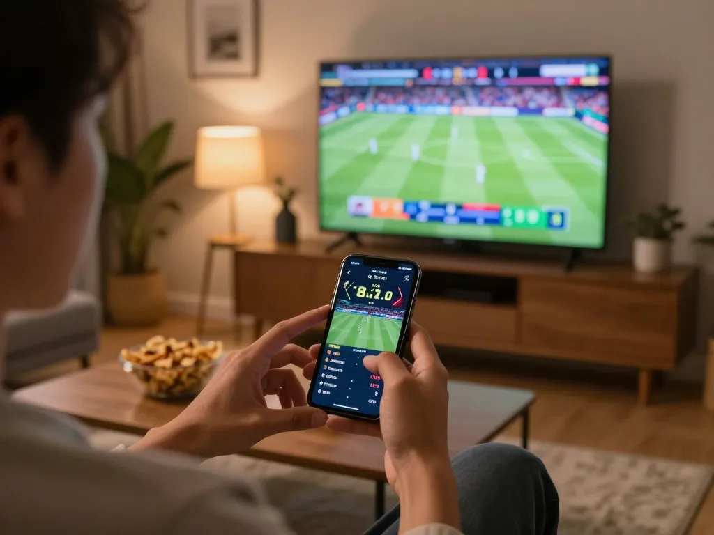 Player engaging in sports betting with Bl555 on smartphone during live game in cozy living room