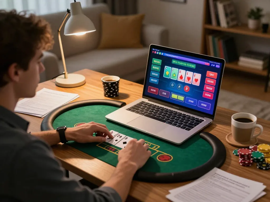 Engaging in online poker at nhà cái lv88, showcasing a strategic gaming setup at home with vibrant lights and cozy atmosphere.