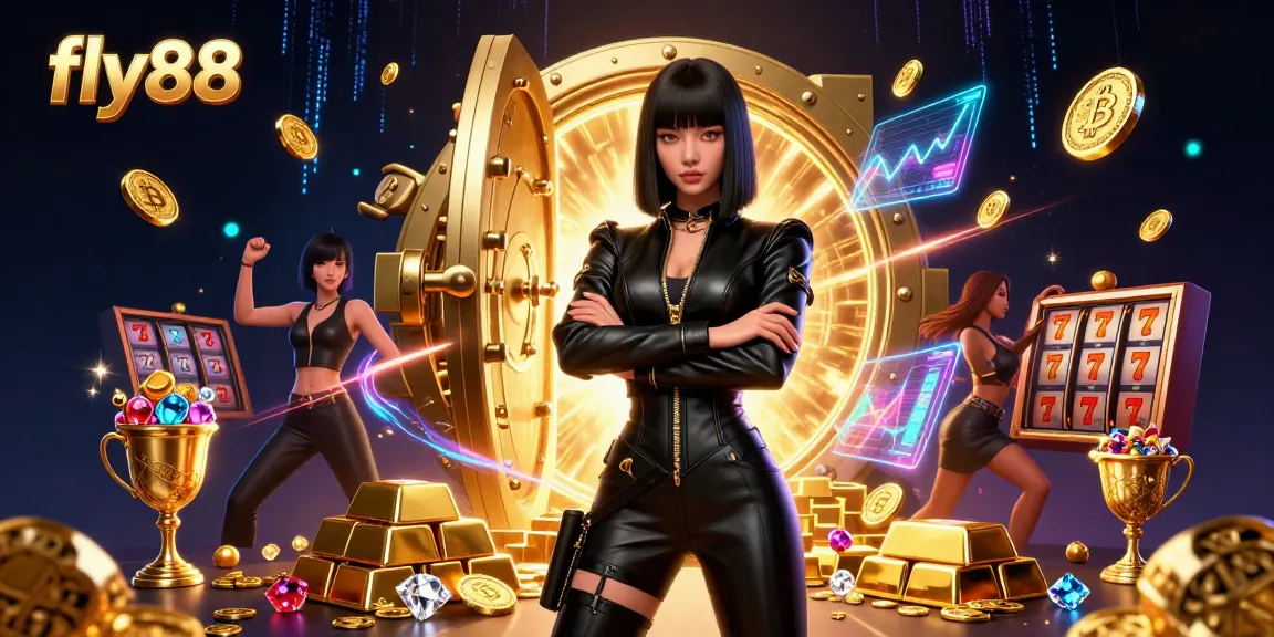 Fly88 showcases a stunning Asian woman in a casino setting with vibrant slot reels and gold treasures.
