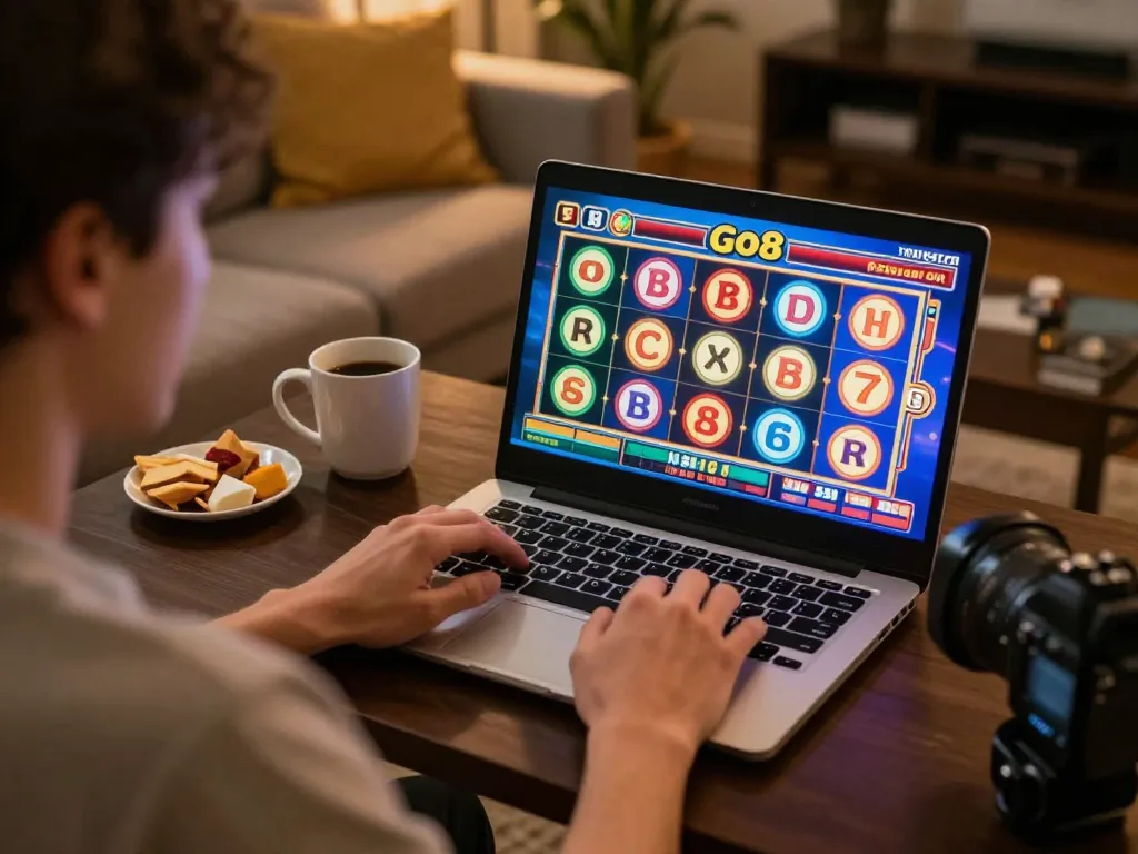 Player enjoying Go8 online casino games on a laptop, vibrant slot machine action in a cozy setting