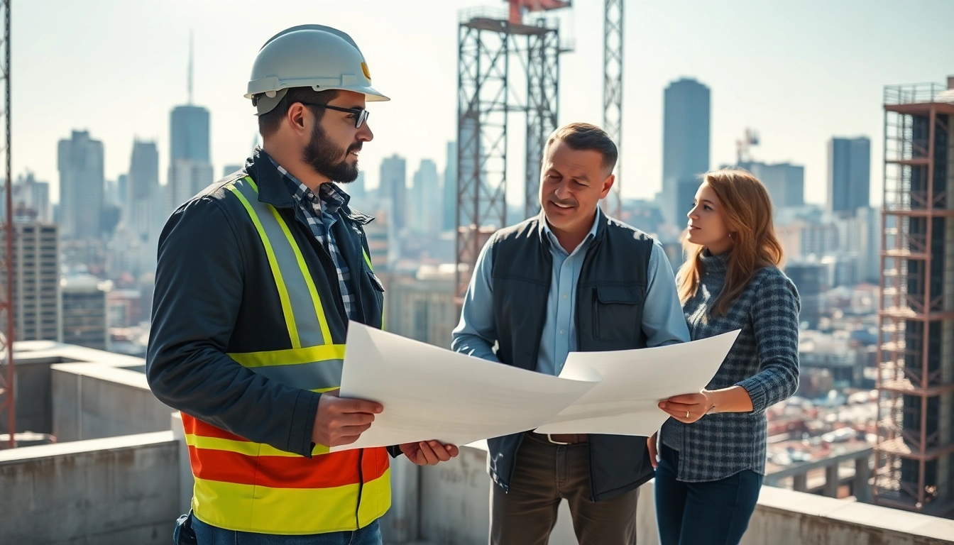 New York City General Contractor discussing plans with a client at a construction site.