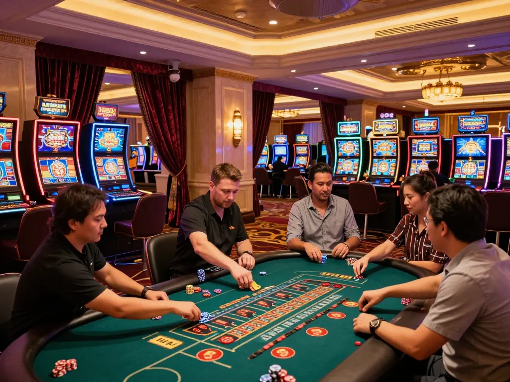 Players engaging in dynamic casino games like roulette and slots at Luck8's vibrant venue.