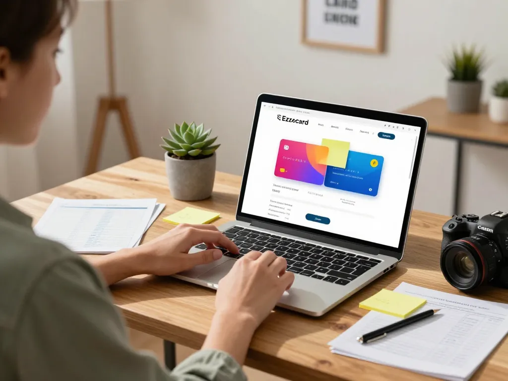 Ezzocard virtual prepaid cards displayed in a modern home office setup, showcasing an engaging online payment experience.