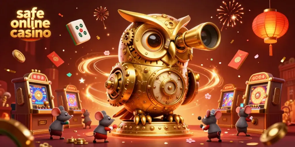 Experience the thrill of a safe online casino with an enchanted golden owl and whimsical characters.