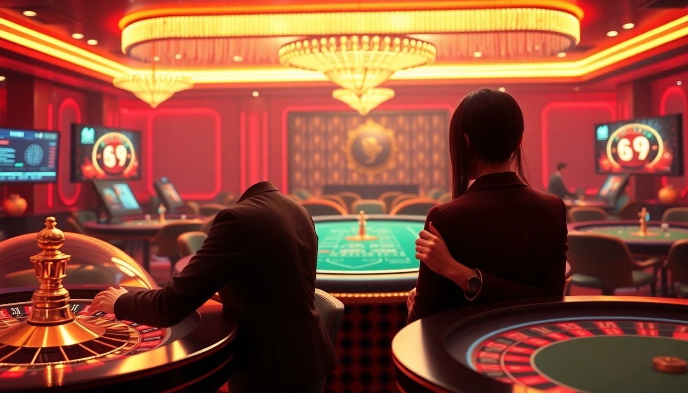 Alo789 đăng nhập nhanh at a luxury online casino featuring vibrant gaming interfaces and excited players.