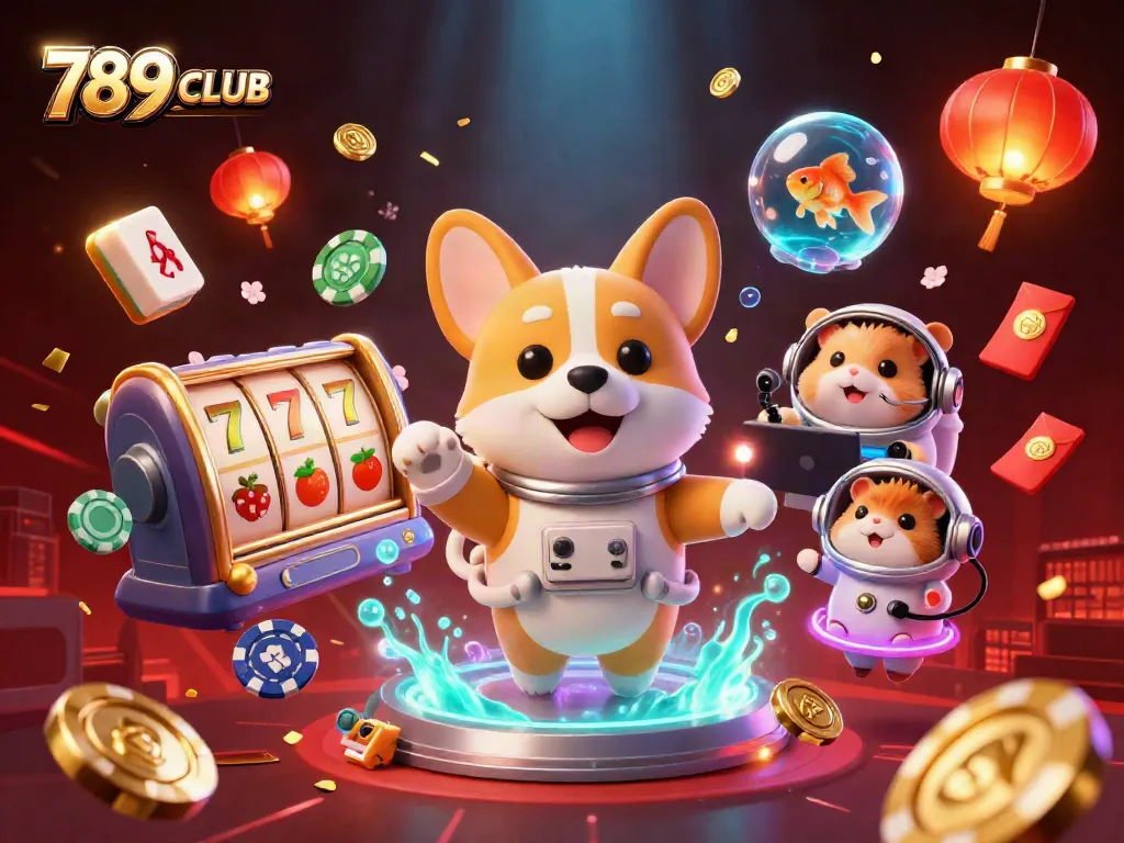 Experience the thrill at 789CLUB with a vibrant, casino-themed cosmic scene featuring floating characters and elements.