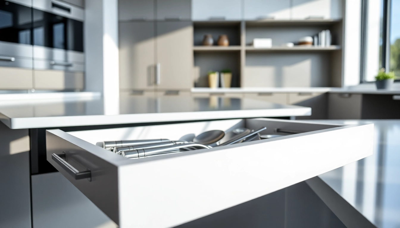 Experience the practicality of the Double Wall Drawer System featuring smooth slide mechanisms in a modern kitchen.