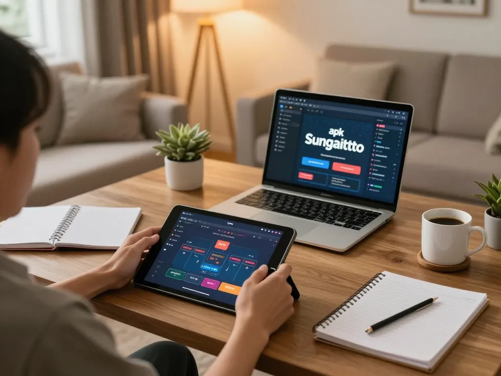 Player using apk sungaitoto on a tablet in a cozy home setting with strategic notes around.