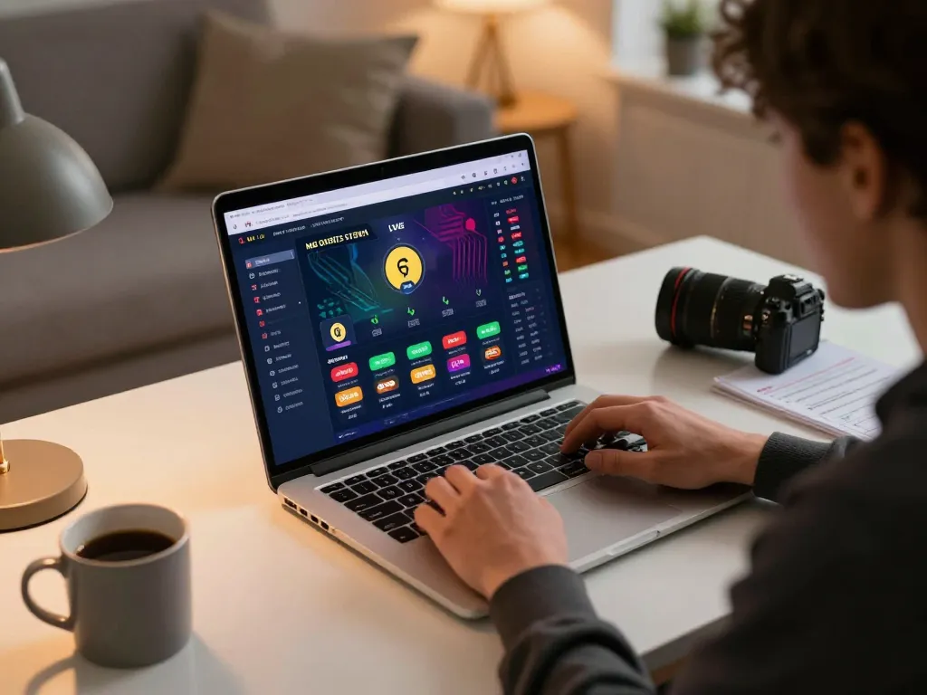 Engaged user exploring betting options on 1gom online platform in a vibrant home setting