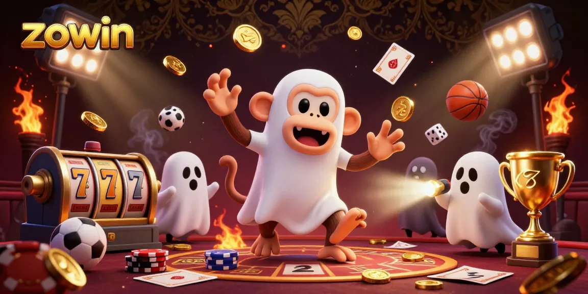 Zowin game elements showcase a thrilling haunted casino scene with energetic characters.