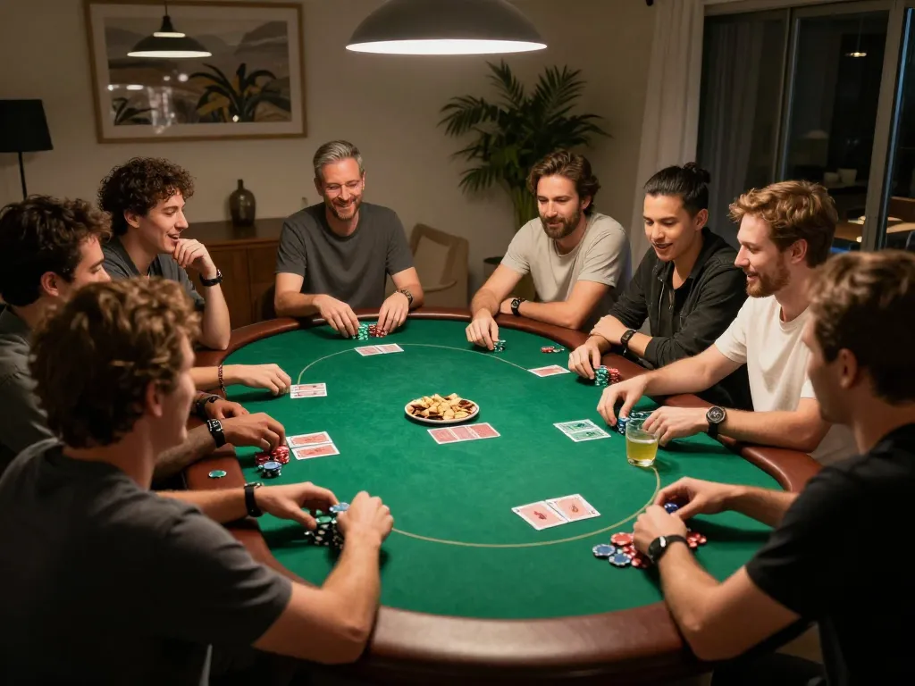 Hbet players strategizing during a lively home poker night, showcasing competitive atmosphere.