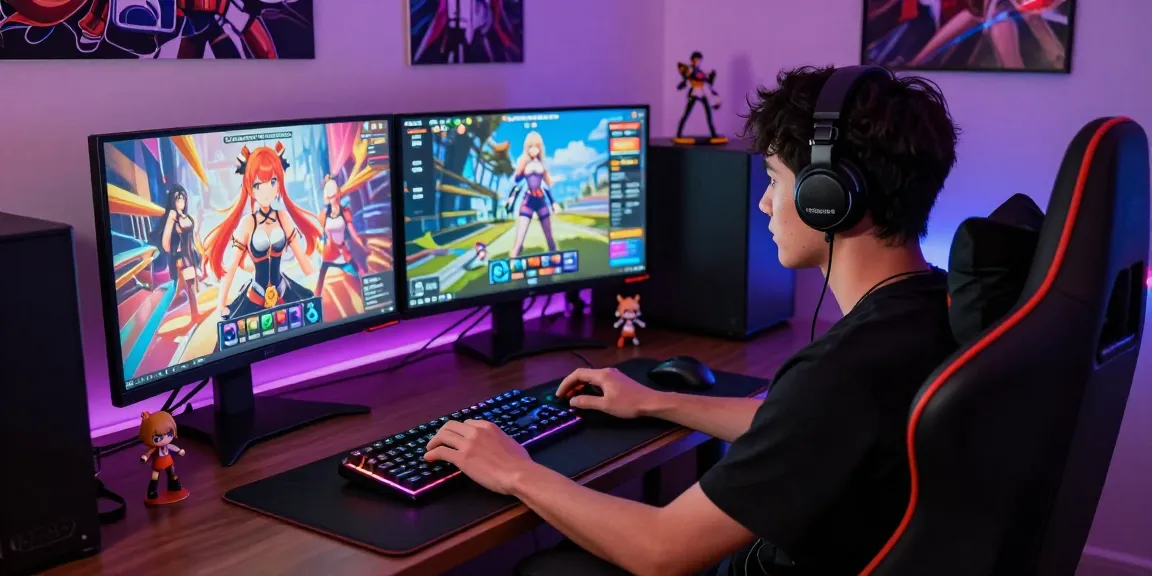 Engaged gamer playing a hentai game in a vibrant, immersive setup with anime decor.