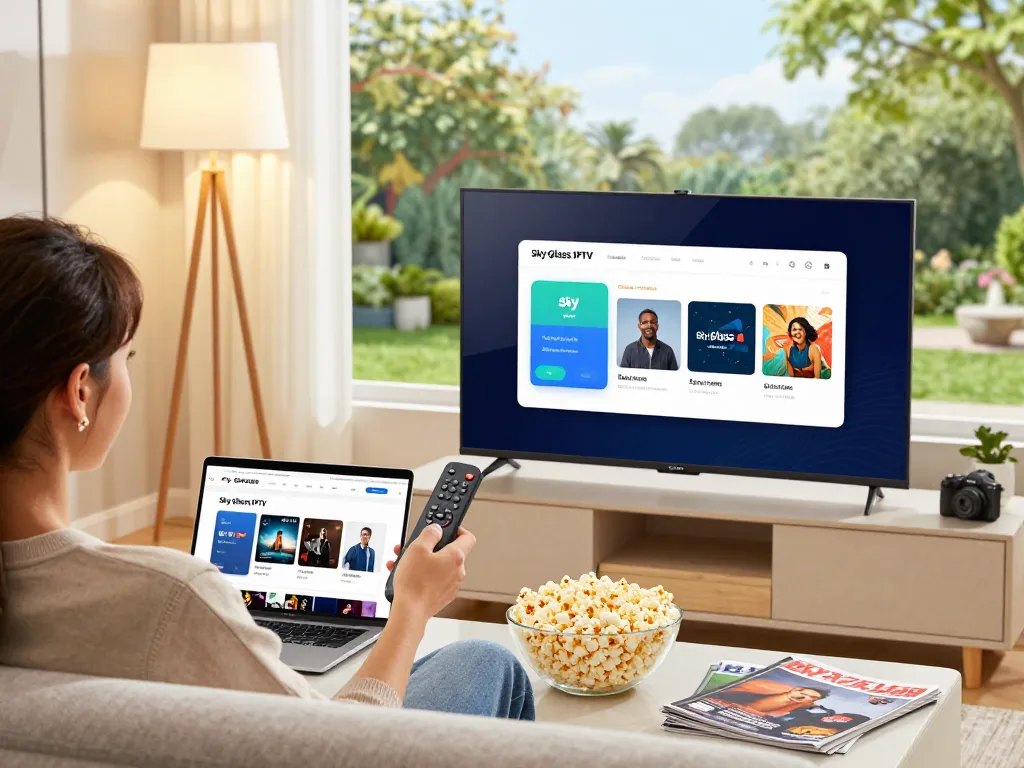 Sky Glass IPTV Updated APP 2026 installation on Firestick in a cozy living room for an enhanced viewing experience.