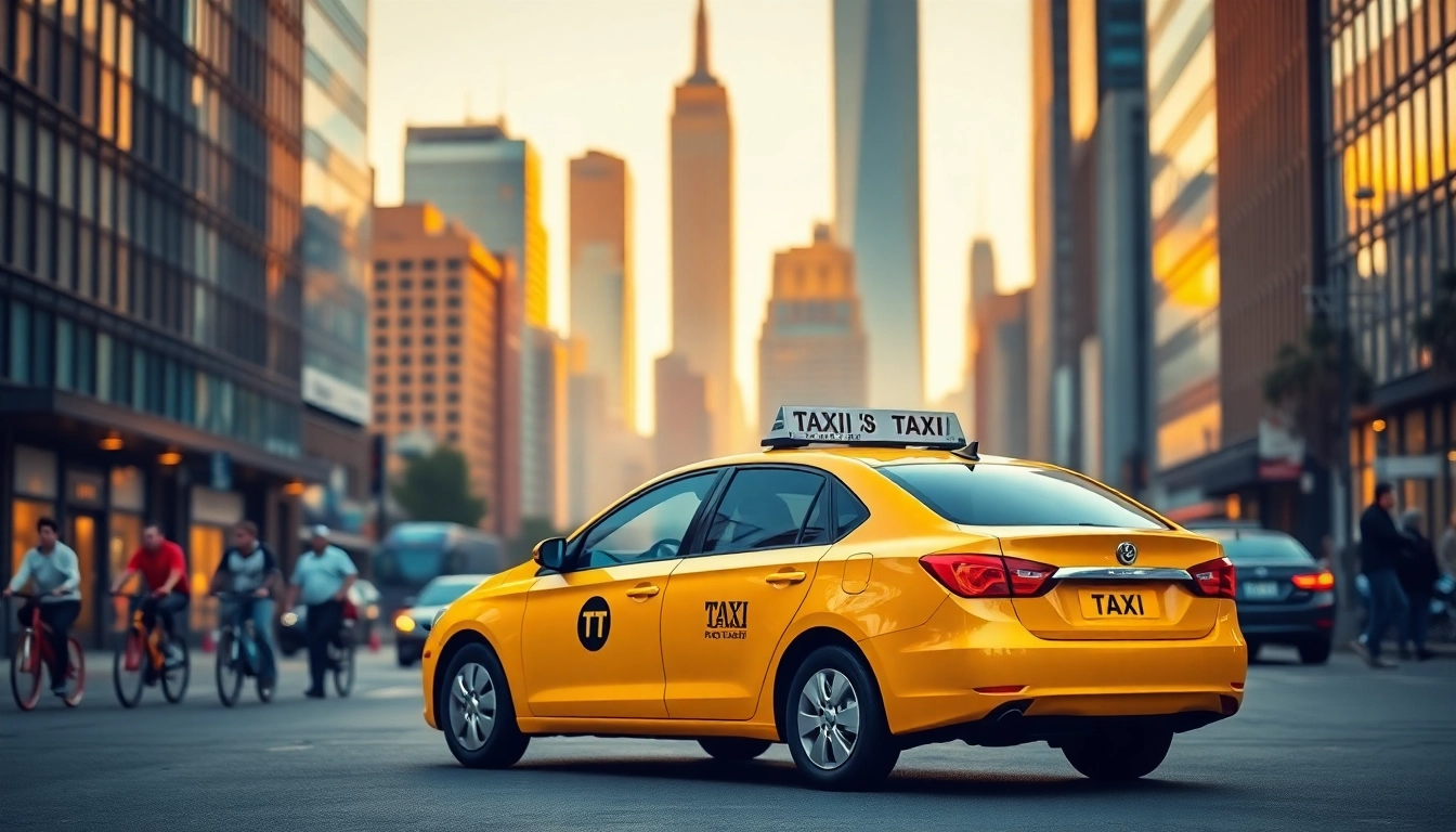 Taxis parked in a busy urban landscape under warm golden hour light, showcasing energy and style.