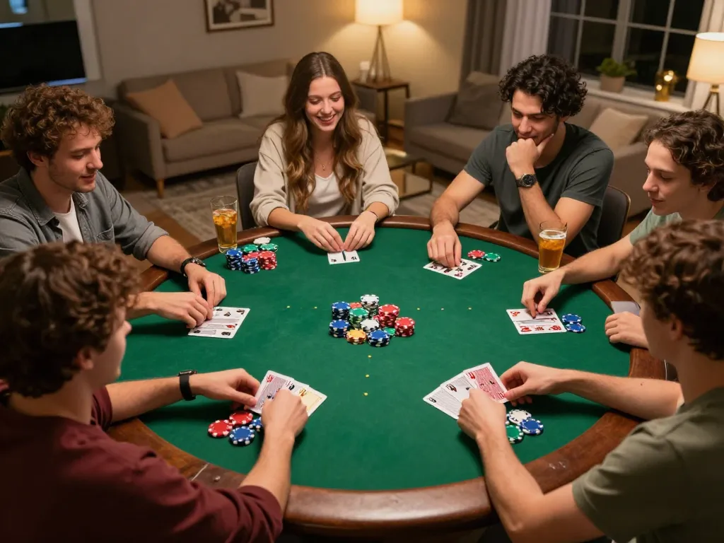 Soi kèo strategies unfold as friends play poker in a lively home setting, showcasing chips and cards.