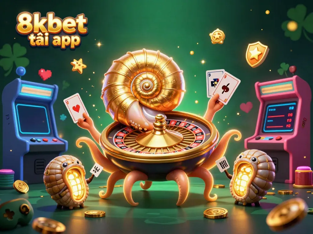 Experience the thrill of 8xbet tải app with a vibrant 3D casino scene featuring a golden roulette nautilus.