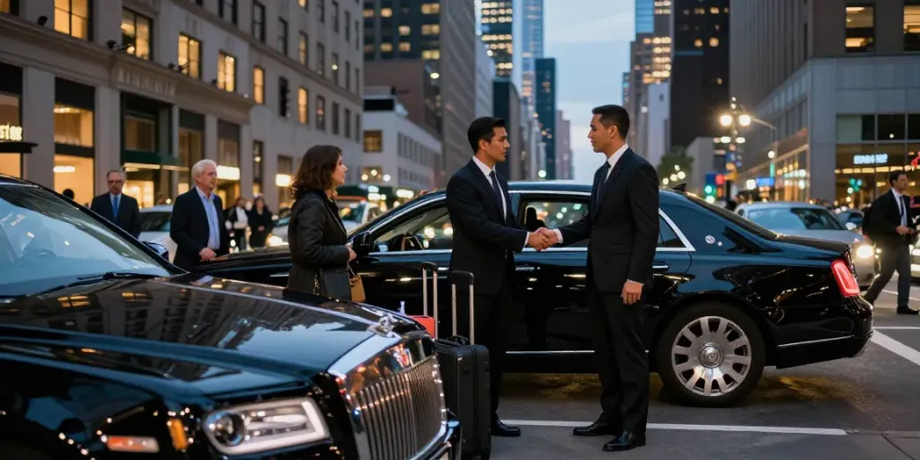 Experience top-tier car service from NYC with a professional chauffeur welcoming clients to a luxury vehicle in a vibrant city setting.