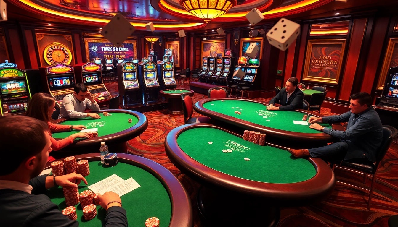SUNCITY casino showcasing an exciting poker game with vibrant tables and colorful slot machines.