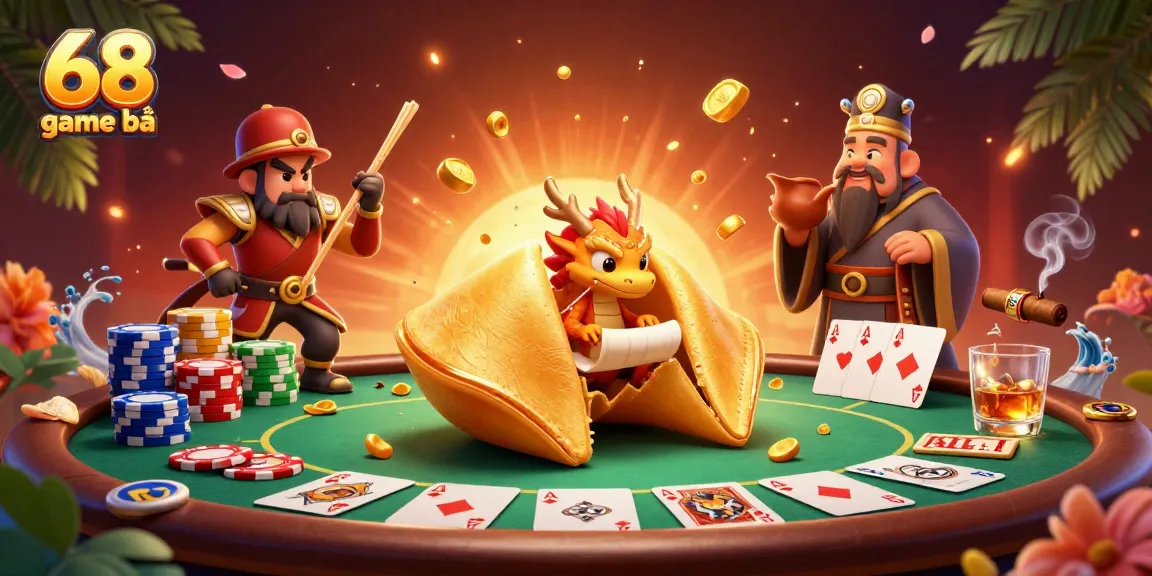Experience the excitement of 68 game bài with vibrant poker elements and a magical fortune cookie scene.