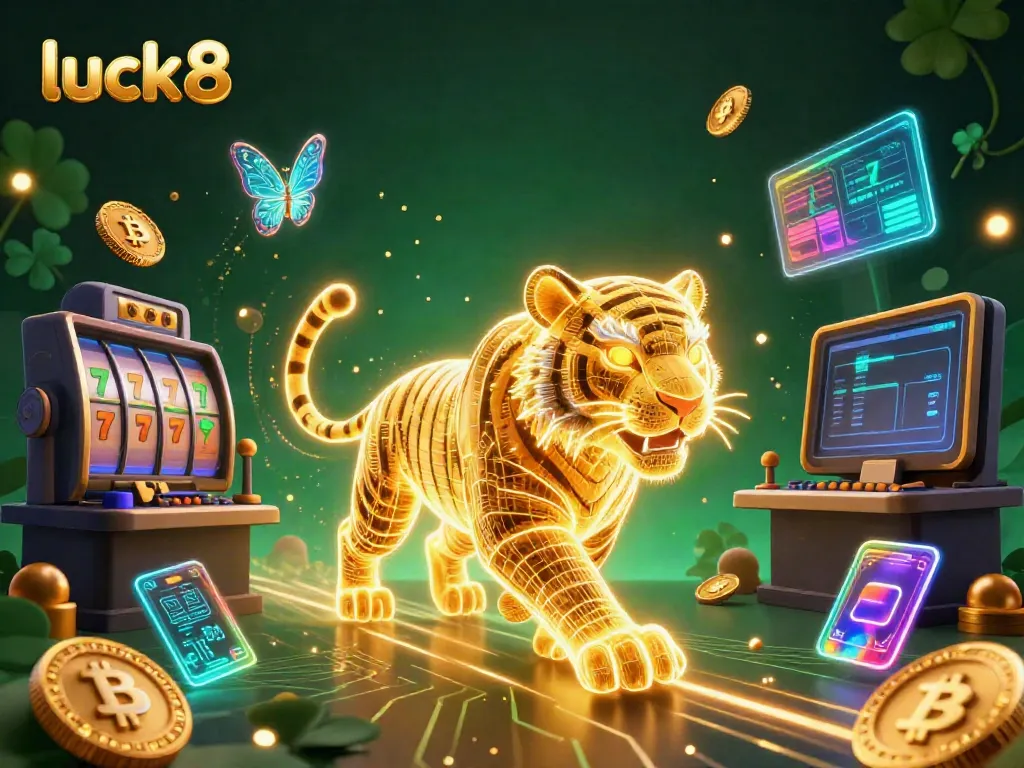 Experience the excitement of luck8 with a dynamic 3D casino scene featuring the golden tiger and jackpot elements.