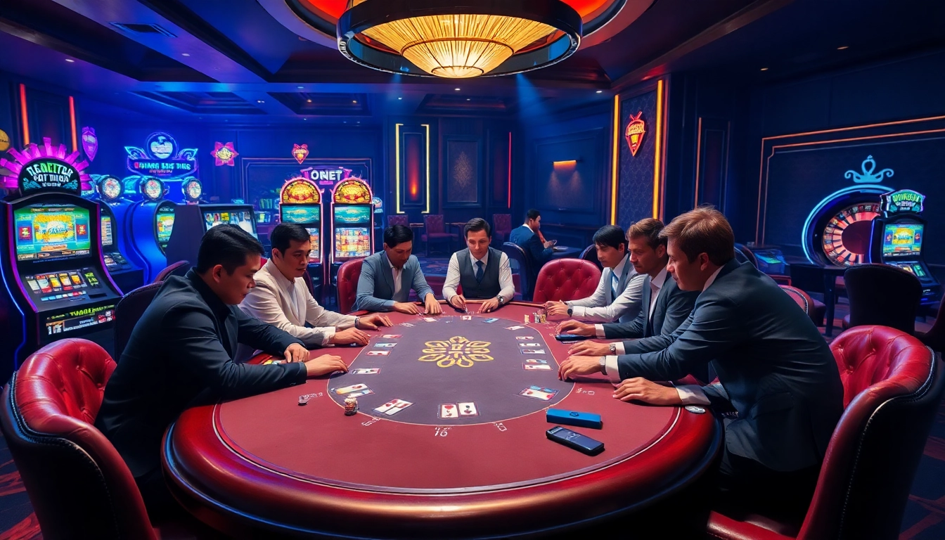 Gamblers strategize at a high-stakes poker table, with a focus on tx88 gameplay excitement.