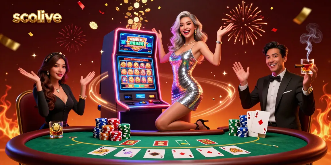 Socolive celebrates exciting wins with a glamorous woman at a slot machine amidst vibrant casino elements.