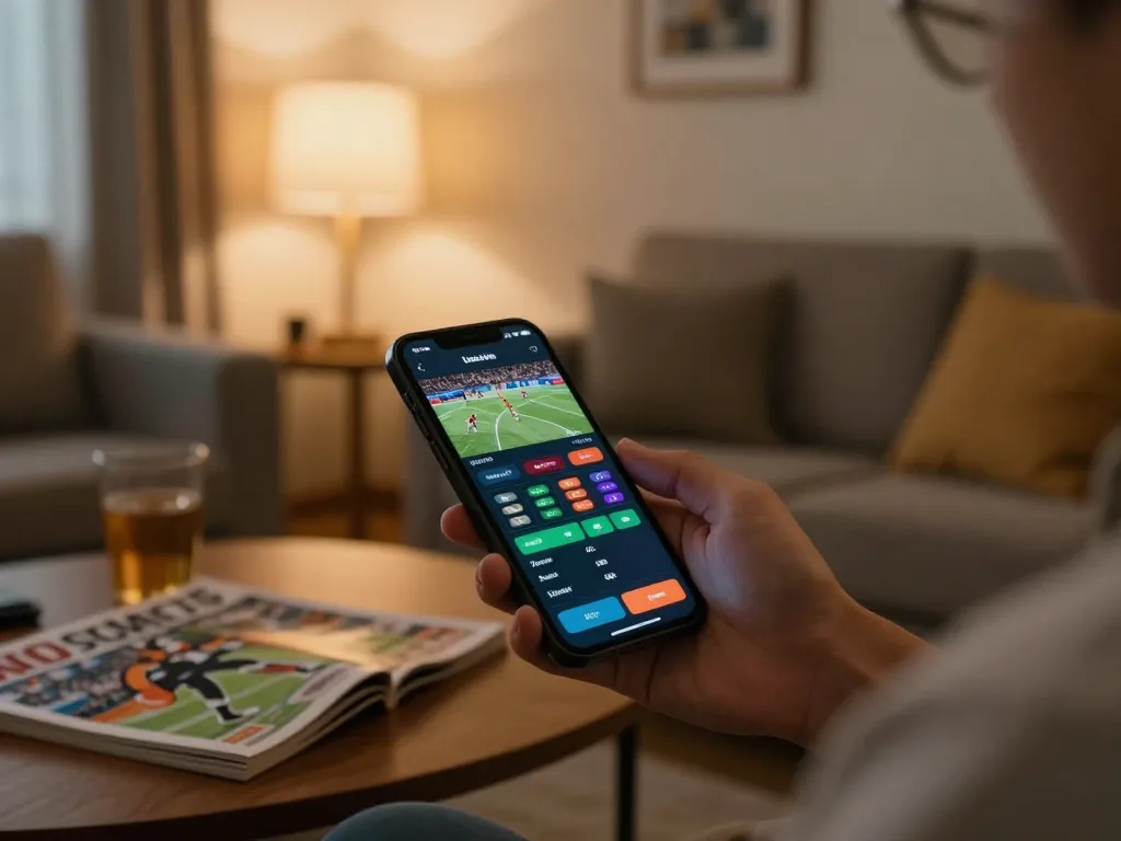 Person engaging in keo nha cai sports betting on a smartphone in a cozy living room, showcasing responsible gaming.