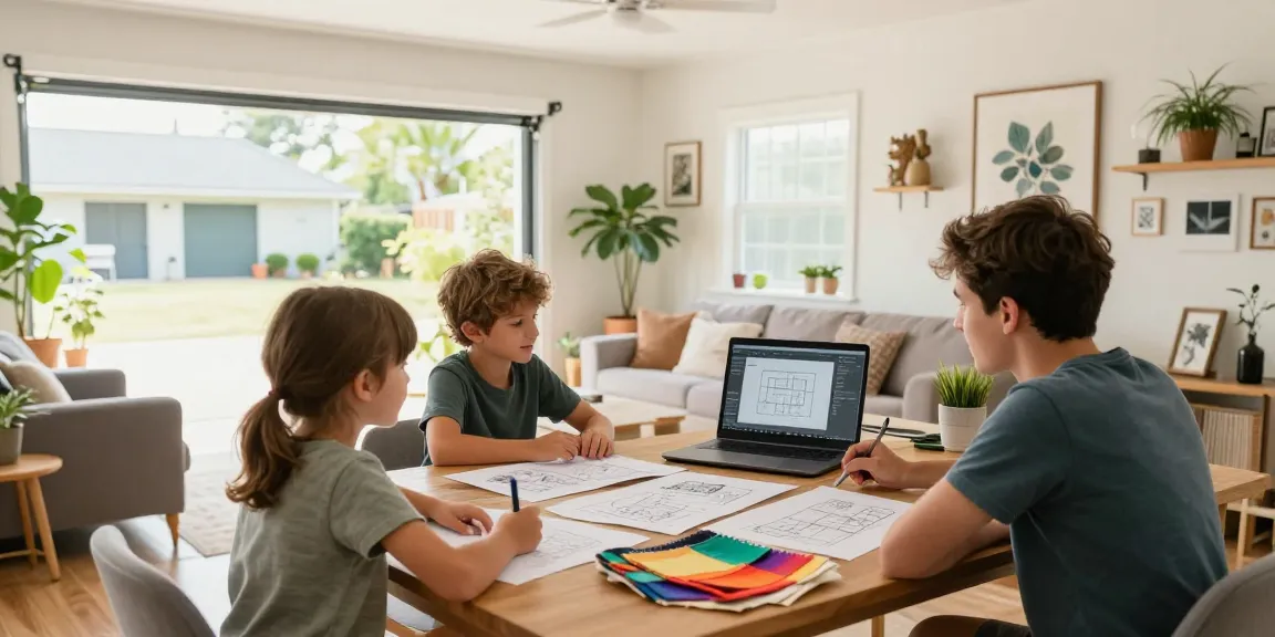 Engaged family discussing their garage conversion ideas with a garage conversion specialist near me in a bright, modern living room.