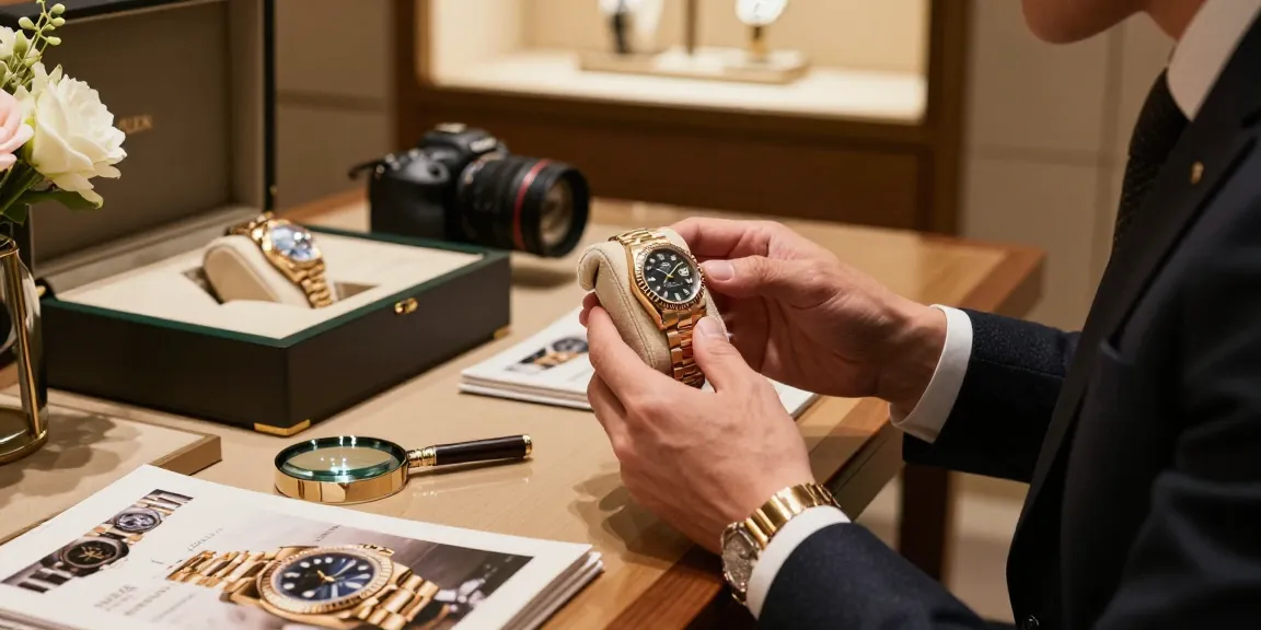 Examining a luxe rolex replica in a sophisticated boutique setting, showcasing elegance and craftsmanship.