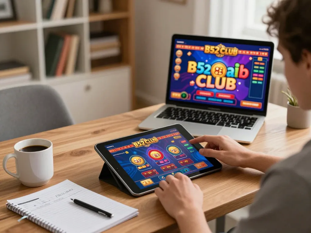 B52 Club player enjoying online casino gaming on a tablet in a cozy home environment.