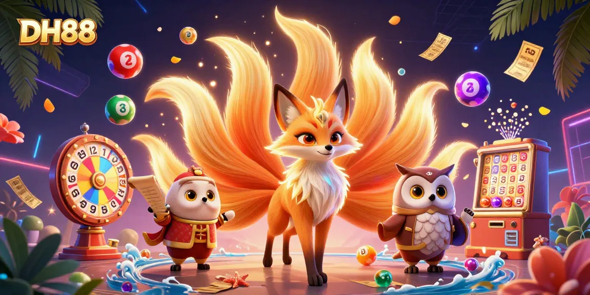 Win big with DH88: an exciting illustration of vibrant lottery elements and colorful gaming characters.